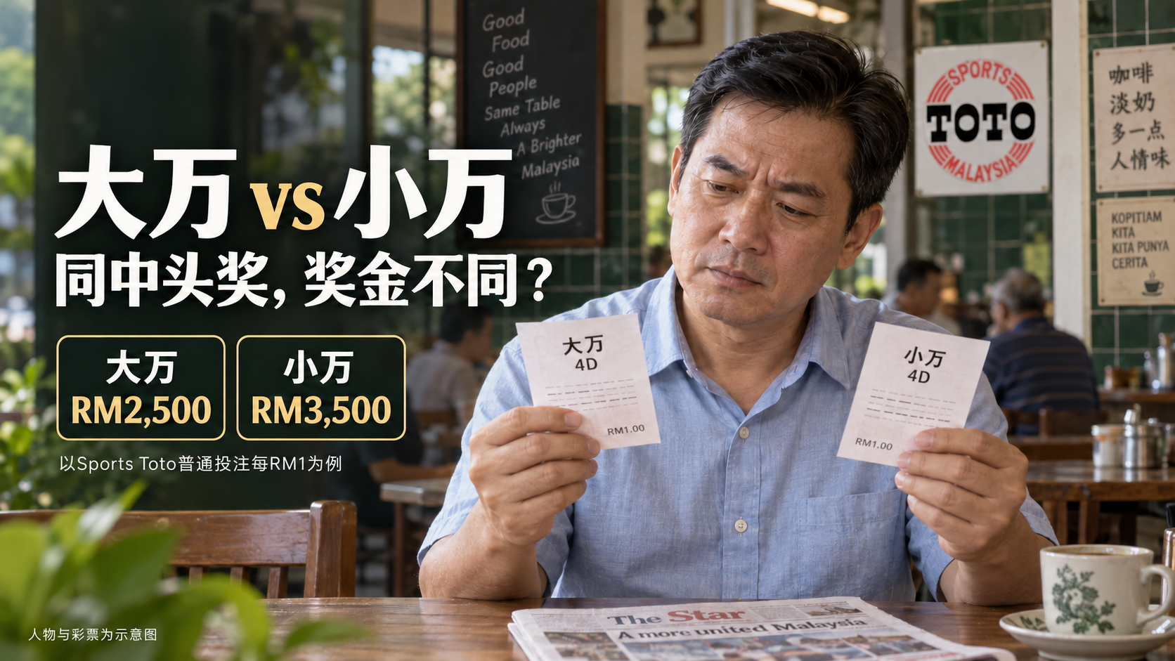 Illustration of a man holding two 4D tickets beside Big and Small first-prize amounts of RM2,500 and RM3,500.