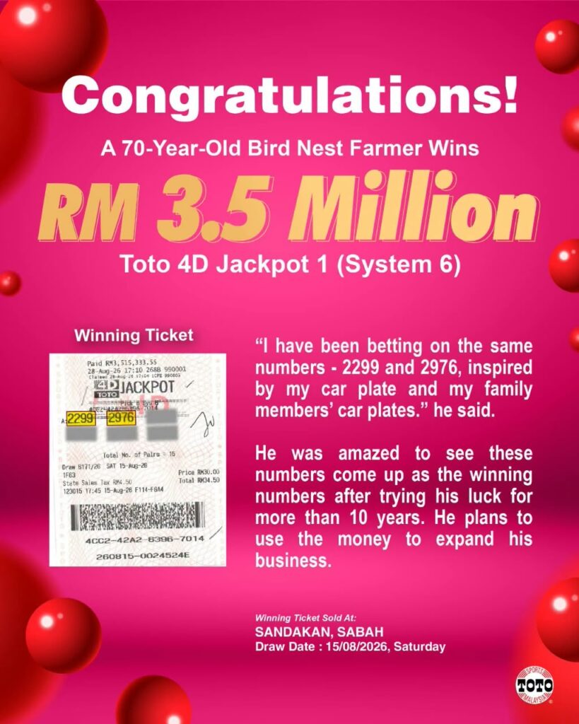 Elderly man with a pixelated face holding a 4D ticket showing 2299 and 2976, beside cash with Sports Toto signage behind him