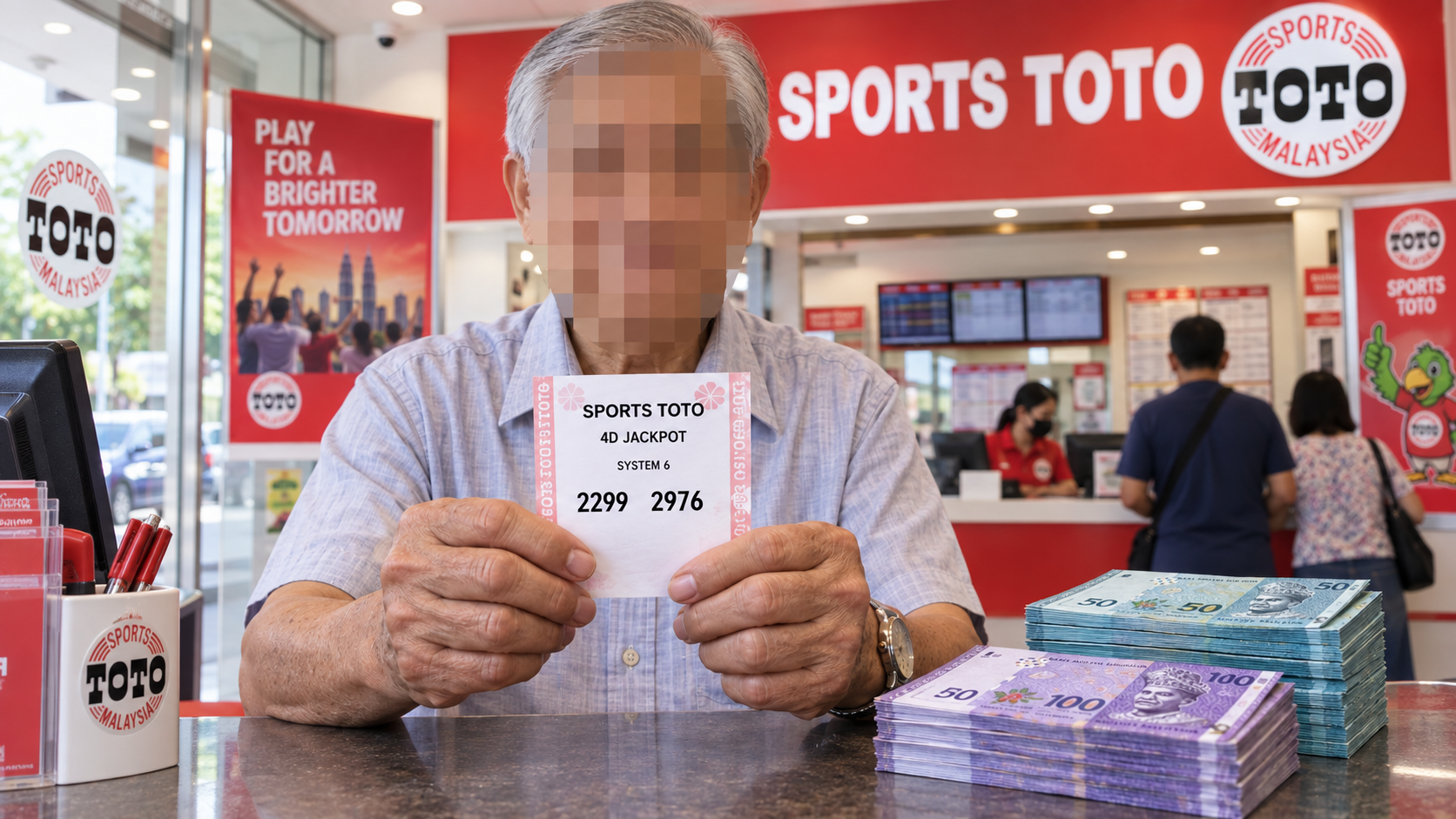 4D中奖故事示意图：年长男子、车牌号码2299及2976与RM350万奖金