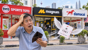 Man searching his wallet and displaying a 4D ticket photo fly away