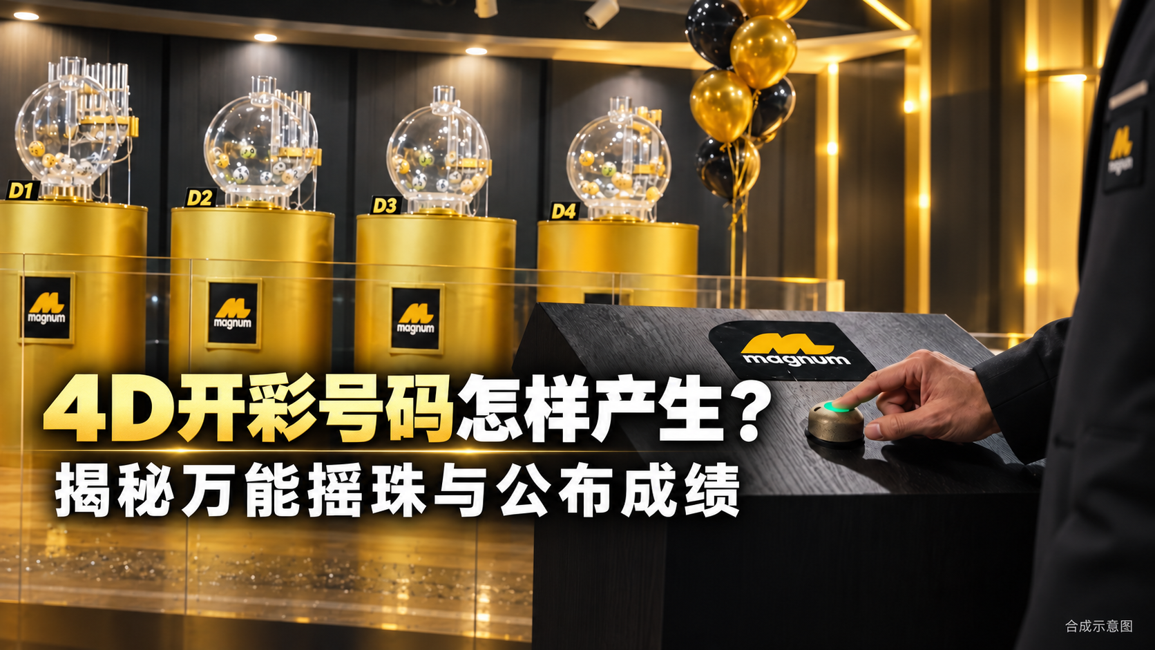 Illustration of Magnum’s 4D draw process with transparent lottery drums, numbered balls and adult participants.