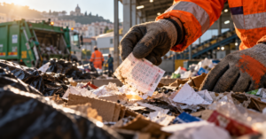 Gloved waste worker lifting a lottery ticket from discarded paper, with a refuse truck behind, illustrating a 4D overseas story