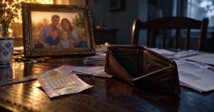 Empty leather wallet beside a lottery ticket and household bills, with a blurred family photograph behind, illustrating a 4D overseas story