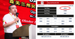 陆兆福在森州行动党大会上致词，右侧为2026年10月11日多多4D成绩，头奖2224以红圈标示