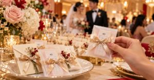 4D彩票装入金色蝴蝶结回礼包装，宾客手持一份展示，背景为婚宴与新人