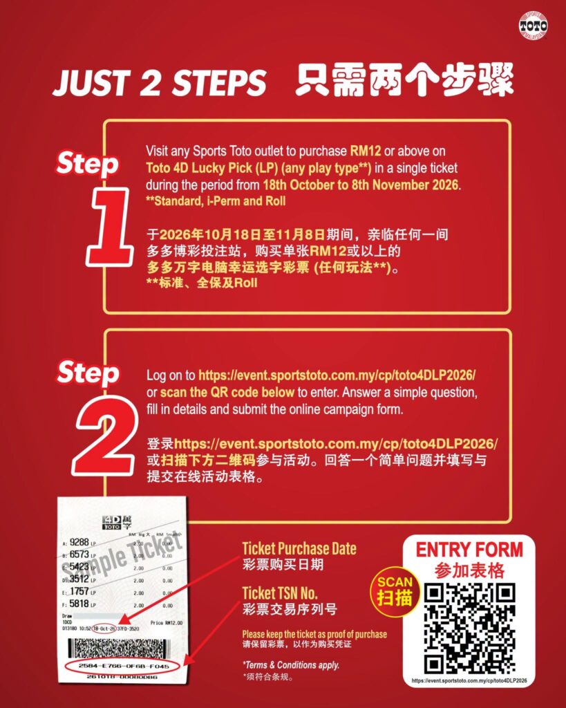 Toto 4D Lucky Pick活动奖品示意图，展示拉米牌、绿色Sports Toto牌垫及银色铝制收纳箱