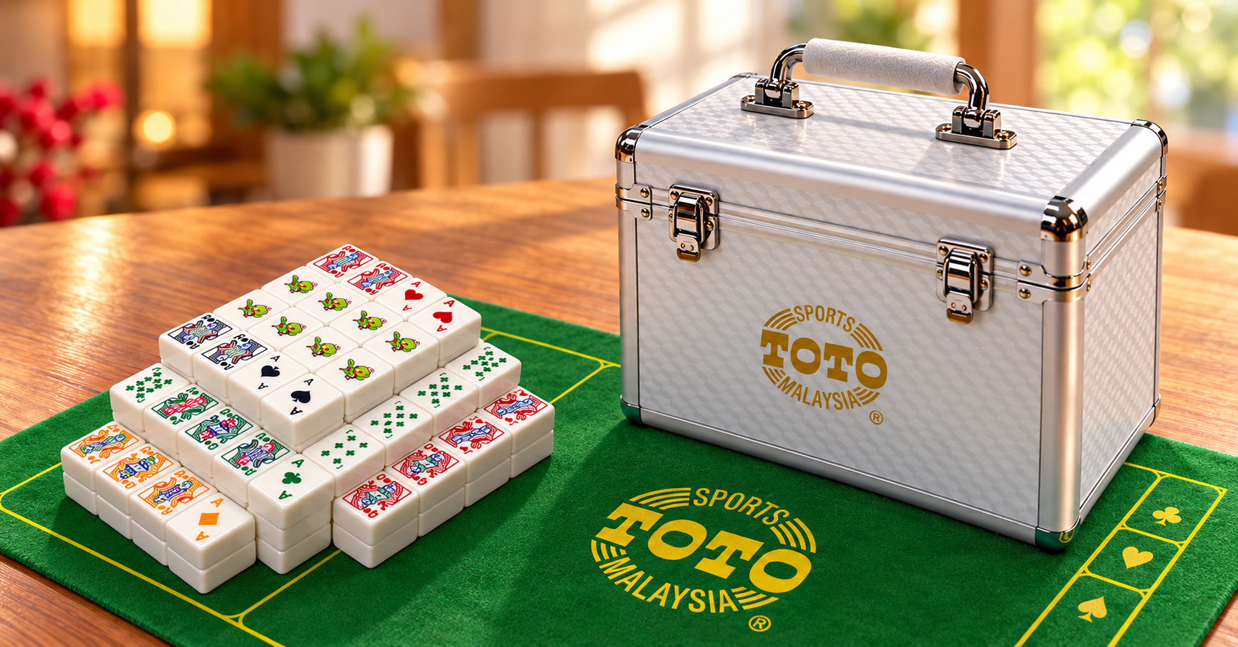 Toto 4D Lucky Pick活动奖品示意图，展示拉米牌、绿色Sports Toto牌垫及银色铝制收纳箱